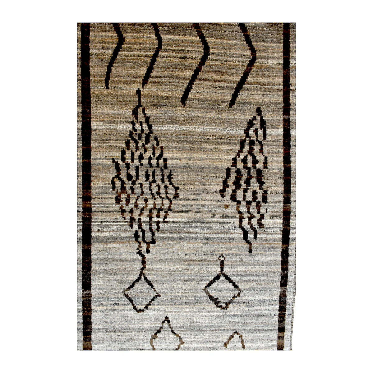 Field detail of Moroccan wool runner showing crosshatched abstract motifs, small diamonds and flowing brown lines on beige