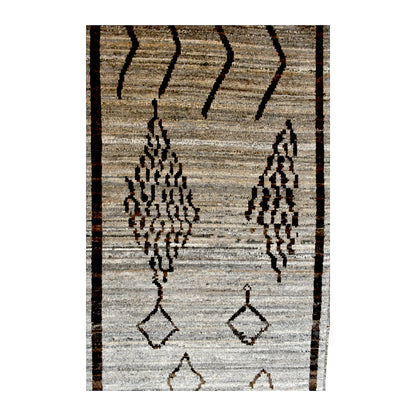 Field detail of Moroccan wool runner showing crosshatched abstract motifs, small diamonds and flowing brown lines on beige
