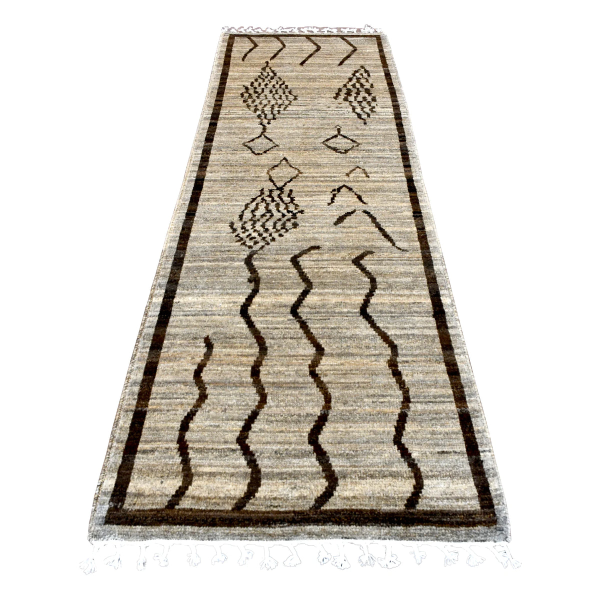Full view of Moroccan hand-knotted wool runner with natural beige field, dark brown wavy lines and abstract diamond motifs, 242 x 82 cm