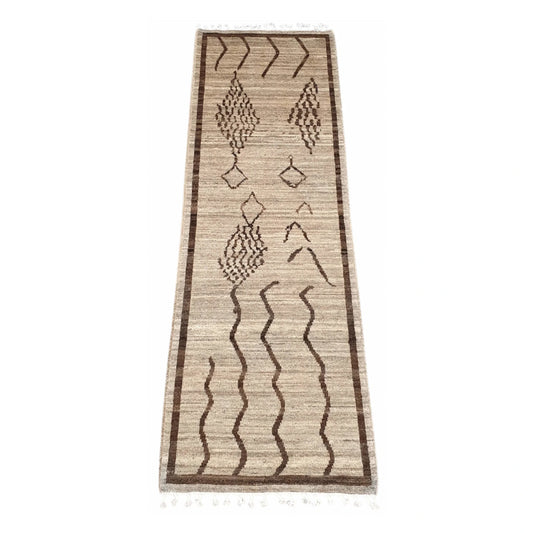 Full view of Moroccan hand-knotted wool runner rug with beige field and brown abstract motifs, 242 x 82 cm
