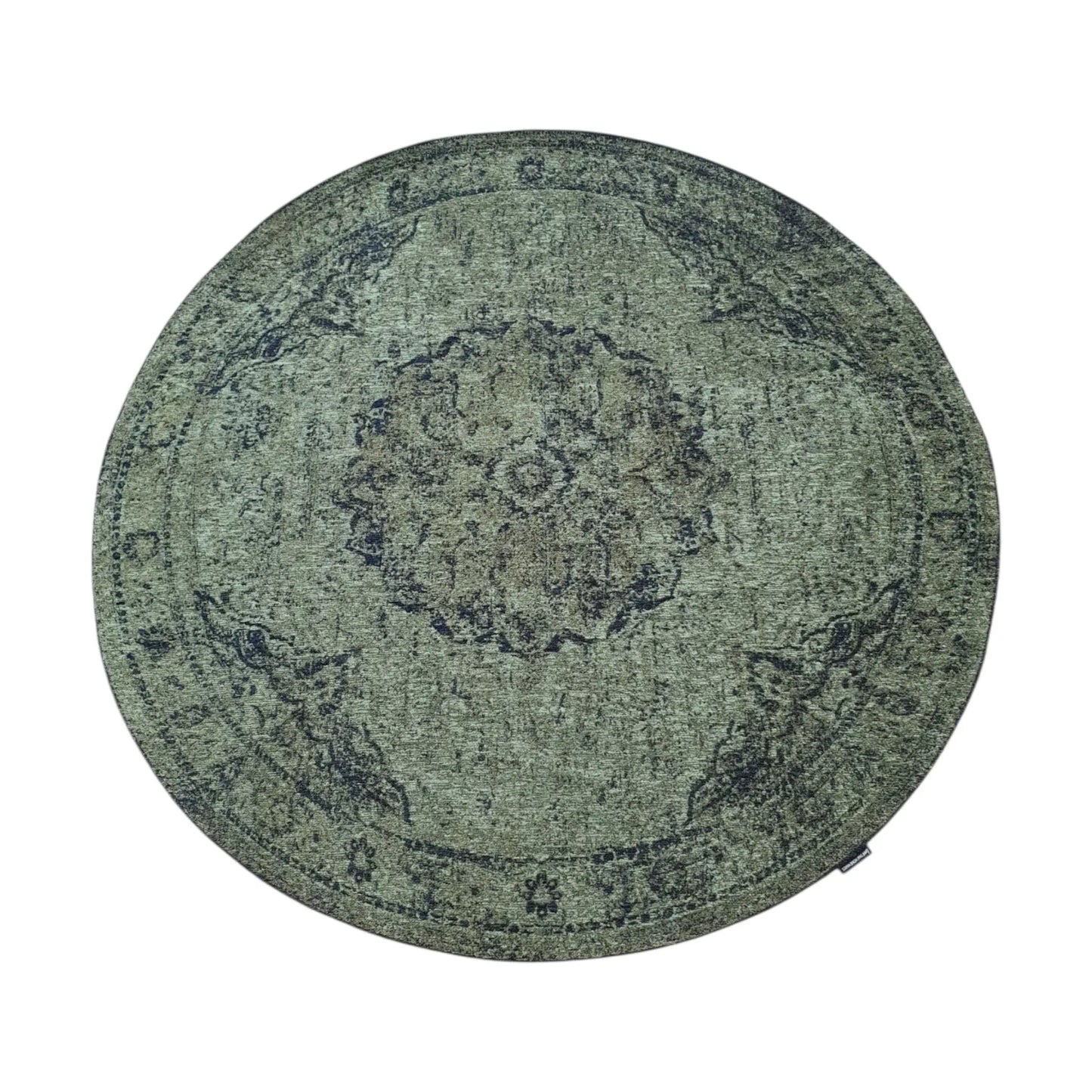Full view of moss round rug with medallion pattern, 160 cm