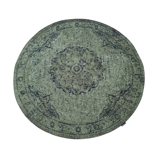 Full view of moss round rug with medallion pattern, 160 cm