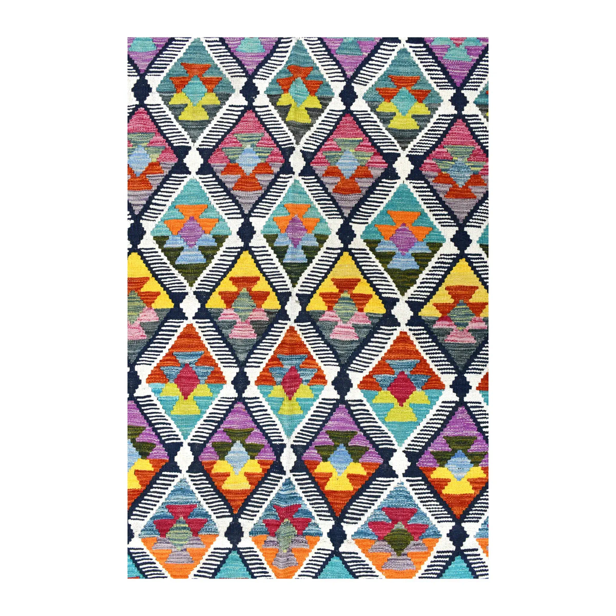 Close-up of Afghan Chobi kilim showing ivory-outlined diamonds with turquoise, red, yellow, pink and lilac geometric centres