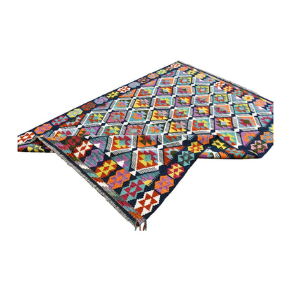 Folded view of multicolour Afghan Chobi kilim showing its diamond field, navy geometric border and turned corners