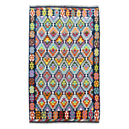 Full view of multicolour Afghan Chobi kilim with ivory-outlined diamonds, bright geometric centres and a navy patterned border, 248 x 172 cm