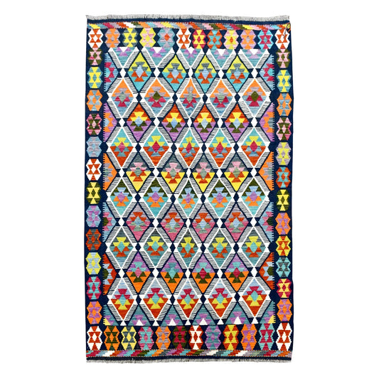 Full view of multicolour Afghan Chobi kilim with ivory-outlined diamonds, bright geometric centres and a navy patterned border, 248 x 172 cm