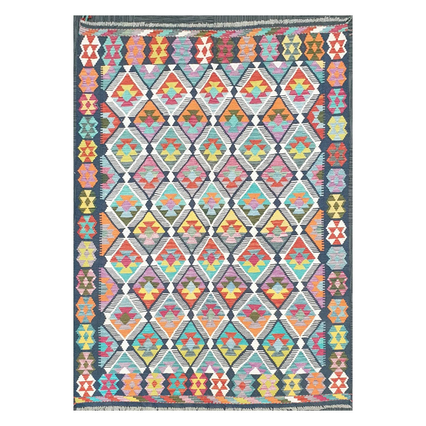 Full view of multicolour Afghan Chobi Kilim rug with stepped diamond field and geometric border, 248 x 172 cm