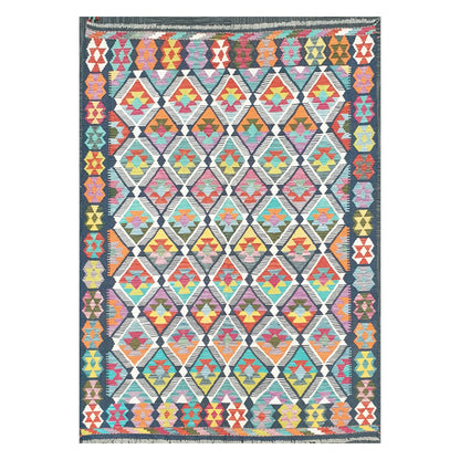 Full view of multicolour Afghan Chobi Kilim rug with stepped diamond field and geometric border, 248 x 172 cm