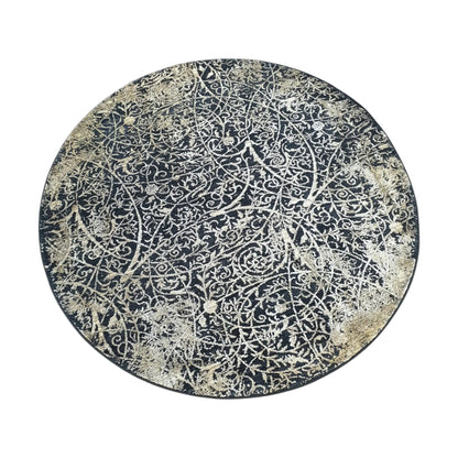 Full view of navy and beige round rug with botanical scroll pattern, 160 cm