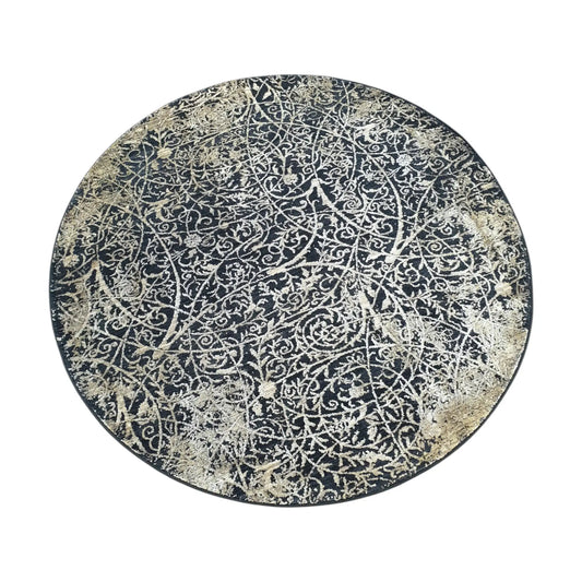 Full view of navy and beige round rug with botanical scroll pattern, 160 cm