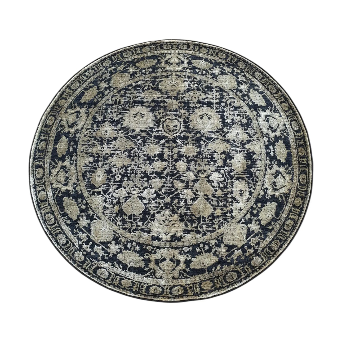 Full view of navy and gold round rug with ornate medallion pattern, 160 cm