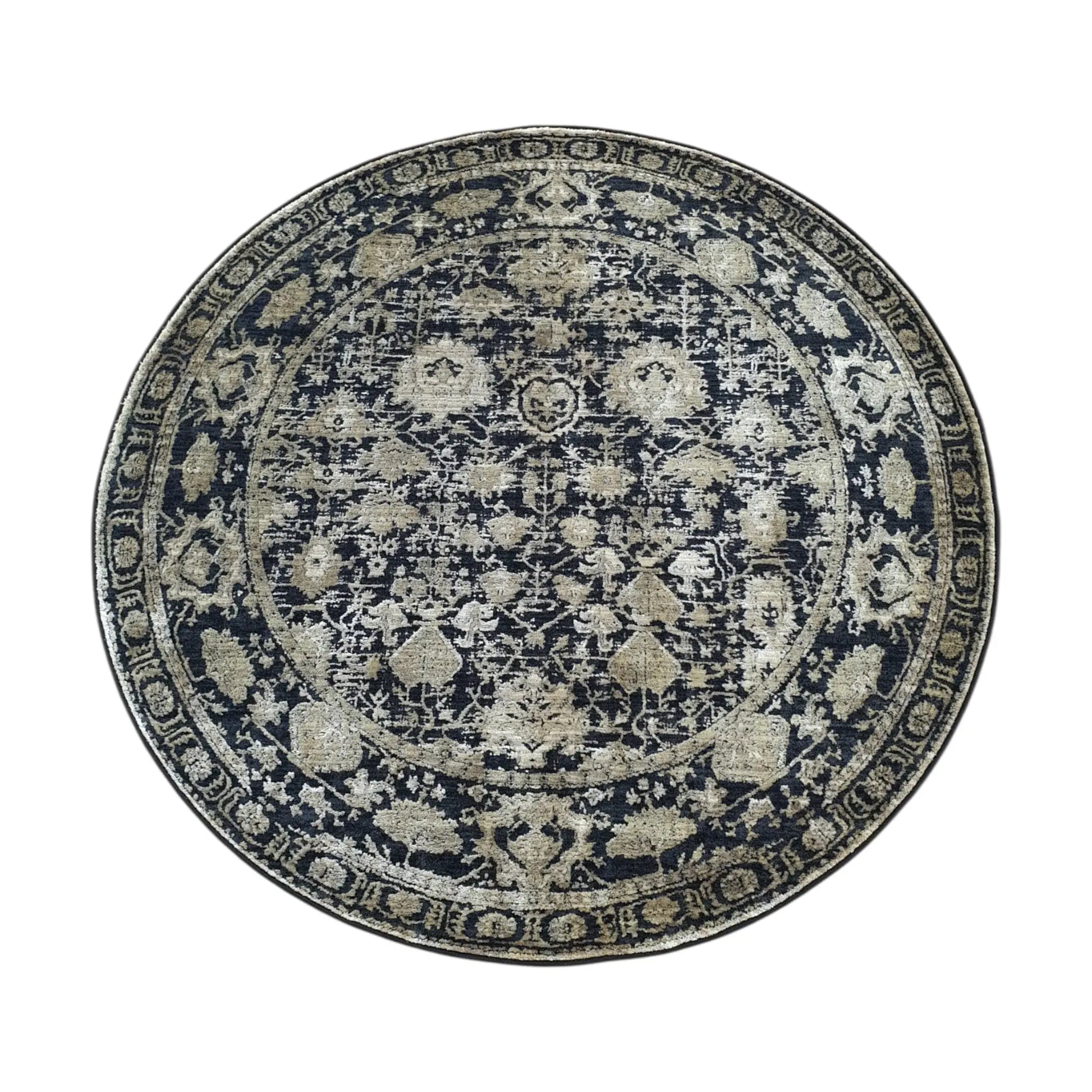 Full view of navy and gold round rug with ornate medallion pattern, 160 cm