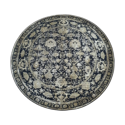 Full view of navy and gold round rug with ornate medallion pattern, 160 cm