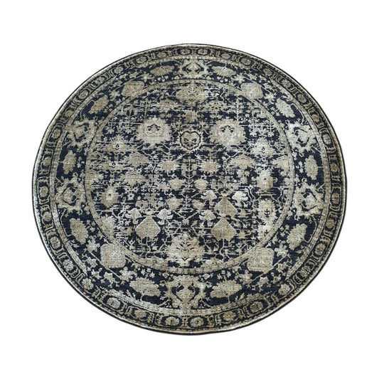 Full view of navy and gold round rug with ornate medallion pattern, 160 cm