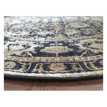 Low-angle close-up of round rug showing surface texture and worn-look medallion design, 160 cm