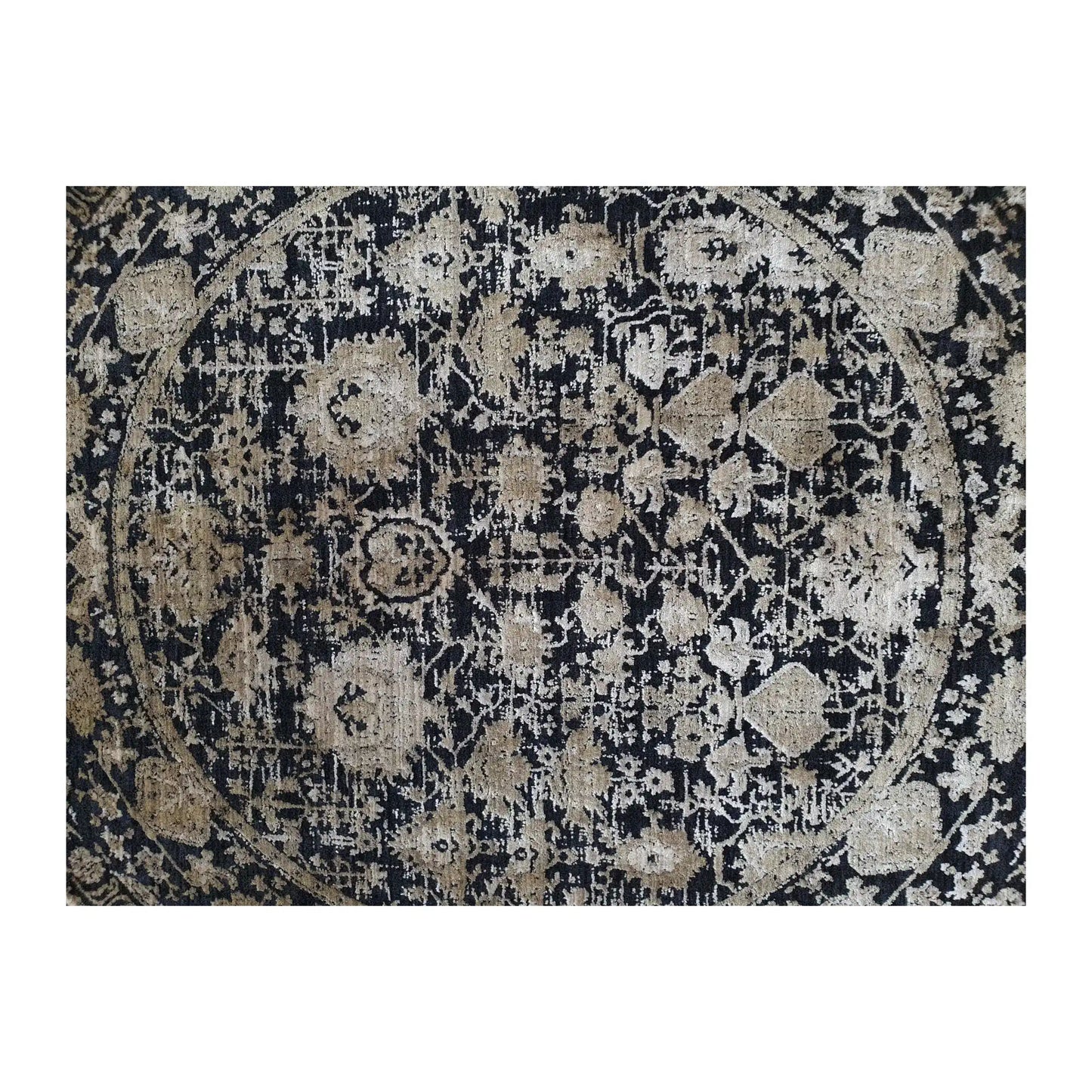 Close-up of Brooklyn round rug with navy, gold, and ivory ornate medallion pattern, 160 cm