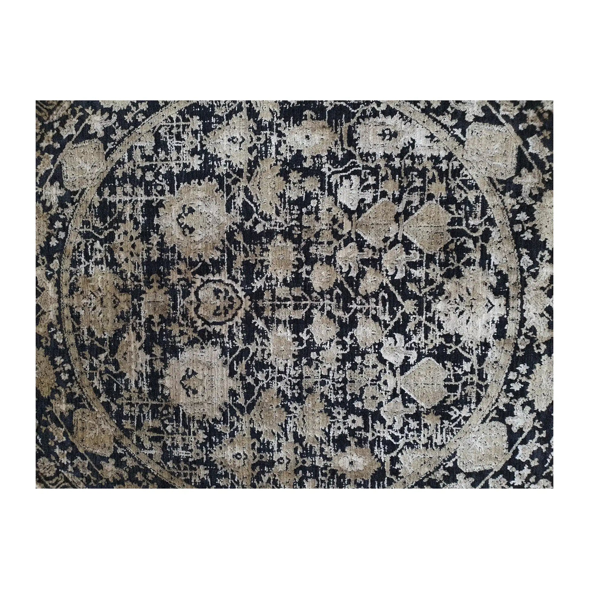 Close-up of Brooklyn round rug with navy, gold, and ivory ornate medallion pattern, 160 cm