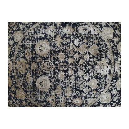 Close-up of Brooklyn round rug with navy, gold, and ivory ornate medallion pattern, 160 cm