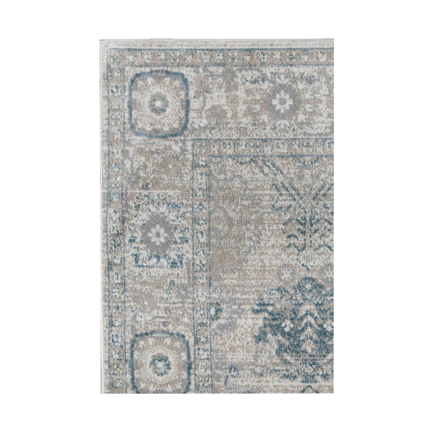 Border and field detail of Oporto Antwerp Cream & Blue Traditional Rug with distressed cream-grey surface and blue floral accents, 230 x 160 cm
