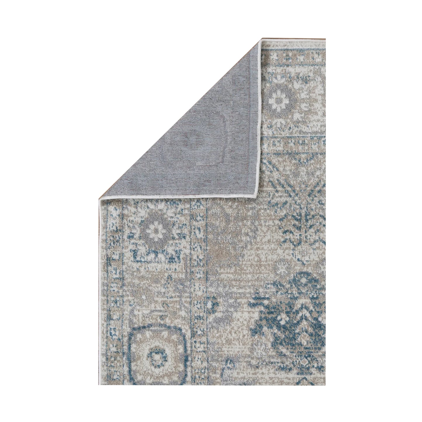Folded reverse backing detail of Oporto Antwerp Cream & Blue Traditional Rug showing grey backing and cream-blue patterned surface, 230 x 160 cm