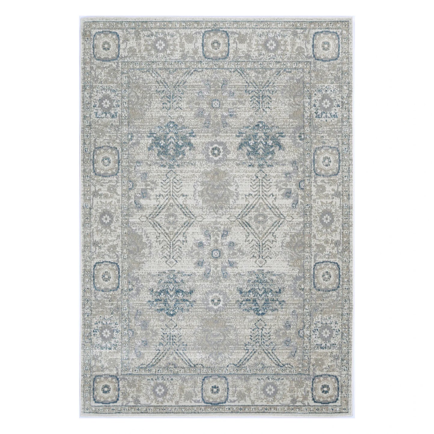 Full view of Oporto Antwerp Cream & Blue Traditional Rug with cream-grey field, muted blue motifs and faded border, 230 x 160 cm
