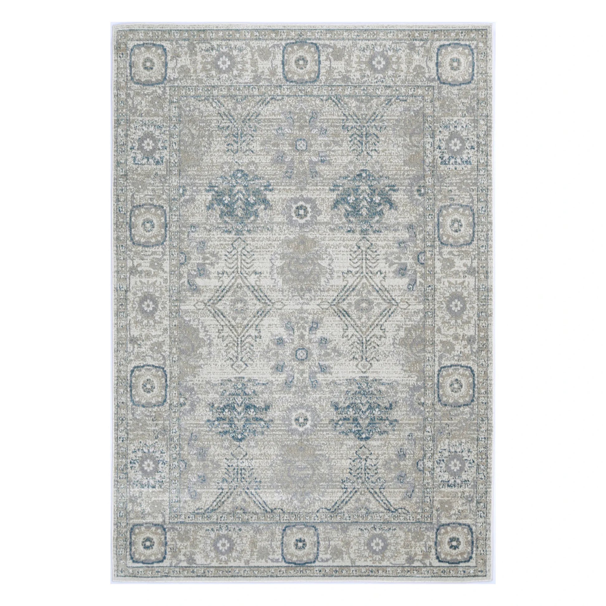 Full view of Oporto Antwerp Cream & Blue Traditional Rug with cream-grey field, muted blue motifs and faded border, 230 x 160 cm