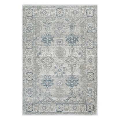 Full view of Oporto Antwerp Cream & Blue Traditional Rug with cream-grey field, muted blue motifs and faded border, 230 x 160 cm