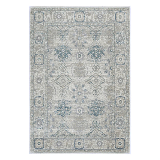 Full view of Oporto Antwerp Cream & Blue Traditional Rug with cream-grey field, muted blue motifs and faded border, 230 x 160 cm
