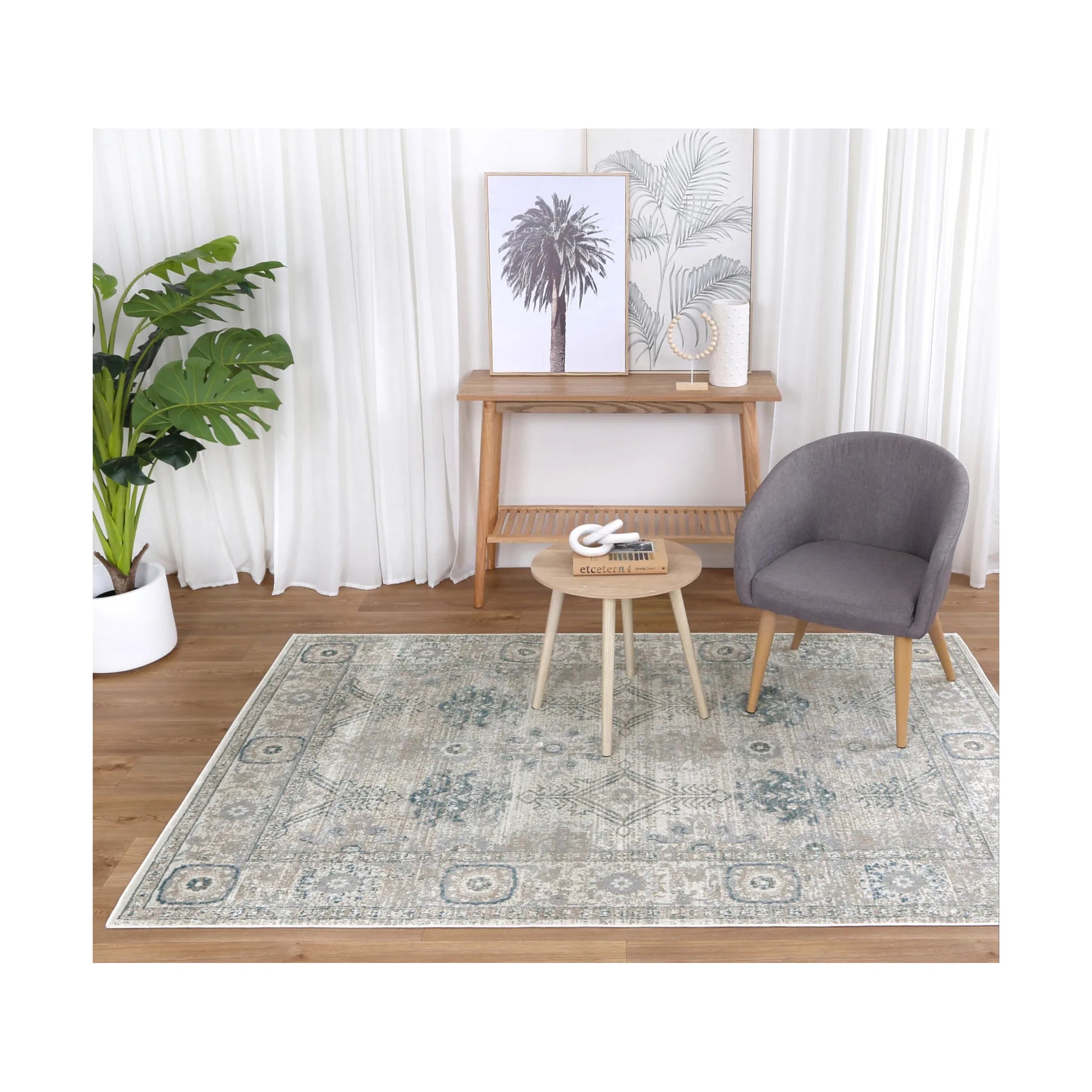 Styled room view of Oporto Antwerp Cream & Blue Traditional Rug with neutral lounge furniture and soft coastal-modern styling, 230 x 160 cm