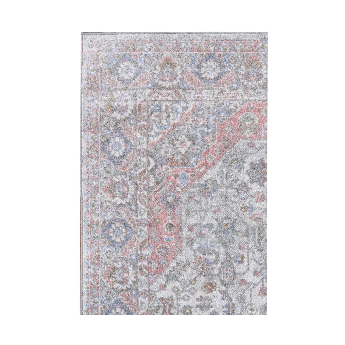 Border and field detail of Oporto Bremen Blush & Blue Traditional Rug with distressed floral border and faded medallion pattern, 290 x 200 cm
