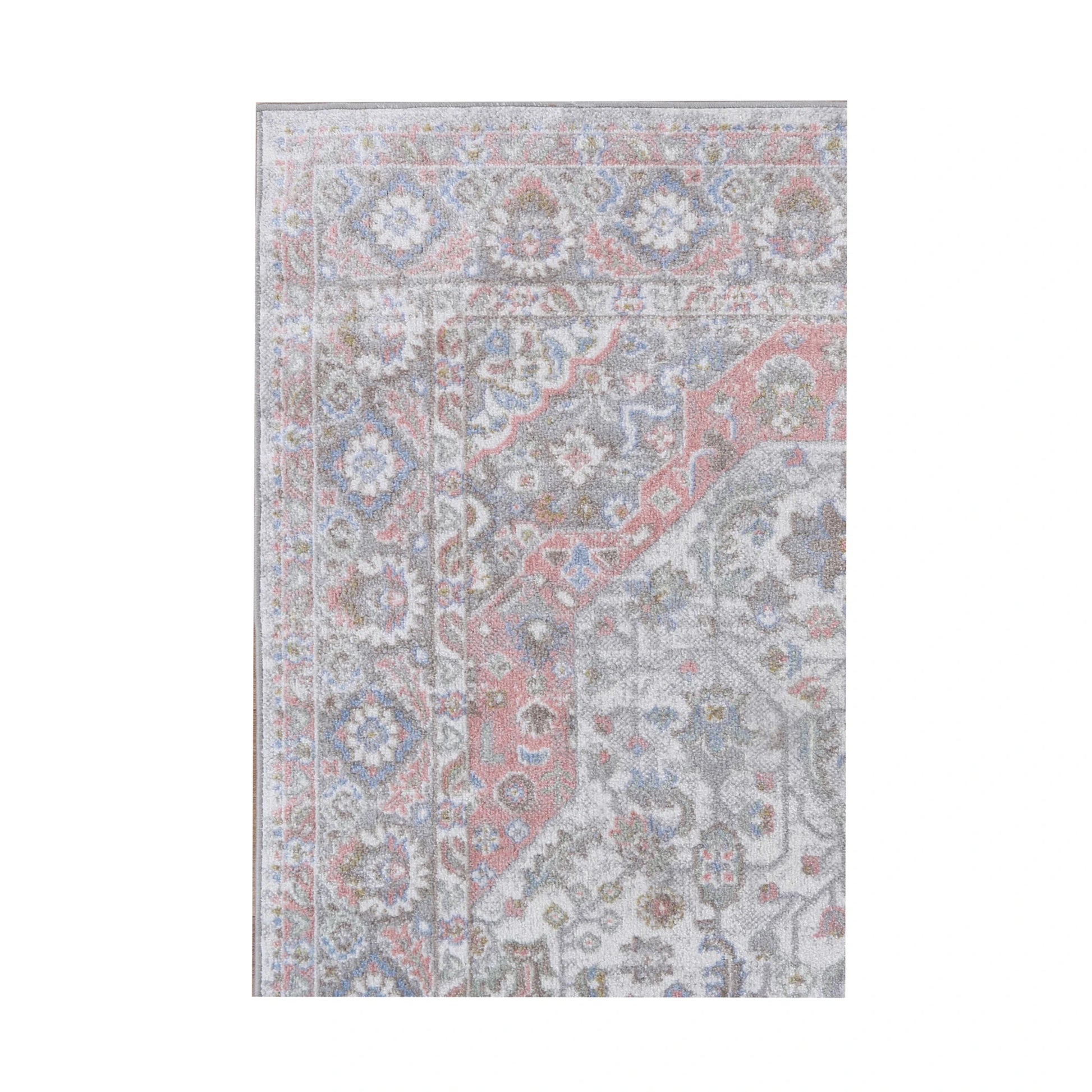 Border and field detail of Oporto Bremen Blush & Blue Traditional Rug with distressed floral border and faded medallion pattern, 290 x 200 cm