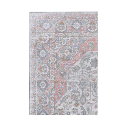 Border and field detail of Oporto Bremen Blush & Blue Traditional Rug with distressed floral border and faded medallion pattern, 290 x 200 cm