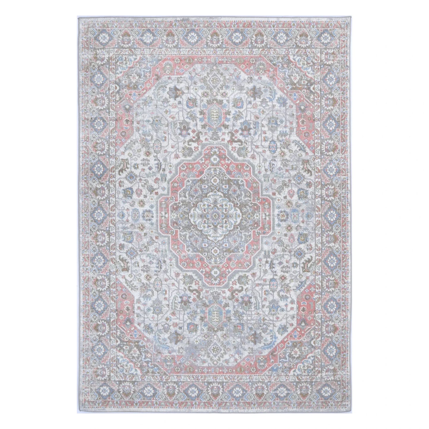 Full view of Oporto Bremen Blush & Blue Traditional Rug with cream-grey field, central medallion and floral border, 290 x 200 cm