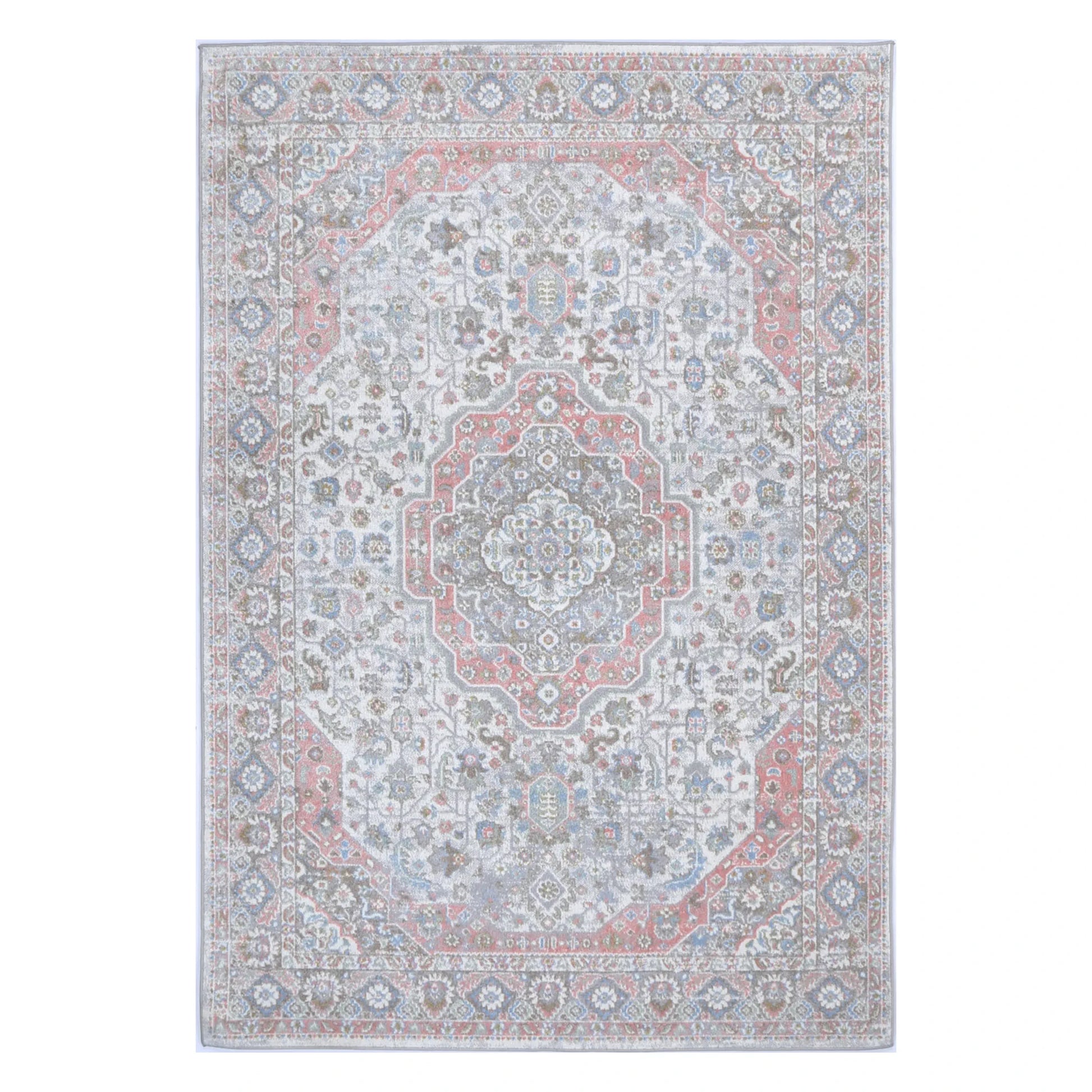 Full view of Oporto Bremen Blush & Blue Traditional Rug with cream-grey field, central medallion and floral border, 290 x 200 cm