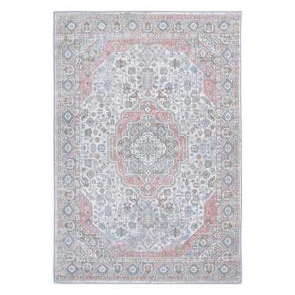 Full view of Oporto Bremen Blush & Blue Traditional Rug with cream-grey field, central medallion and floral border, 290 x 200 cm