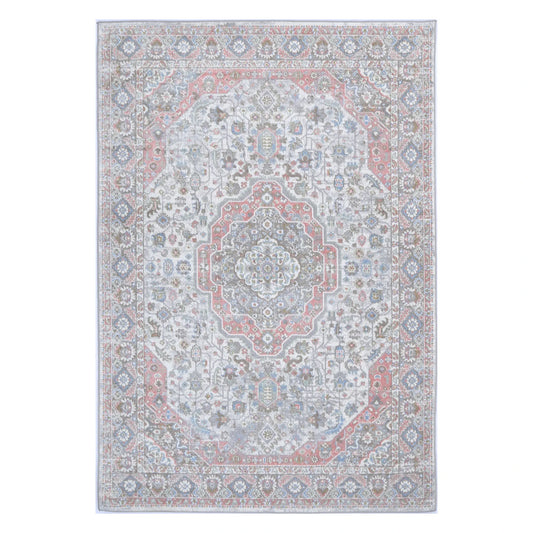 Full view of Oporto Bremen Blush & Blue Traditional Rug with cream-grey field, central medallion and floral border, 290 x 200 cm