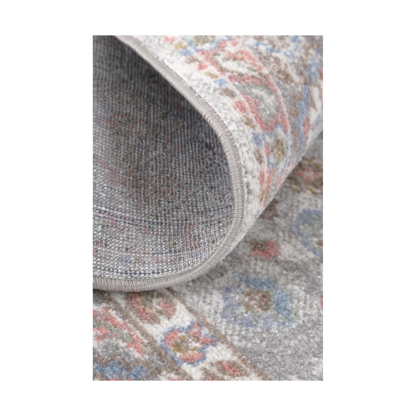 Rolled edge and backing detail of Oporto Bremen Blush & Blue Traditional Rug showing soft pile and bound edge, 290 x 200 cm
