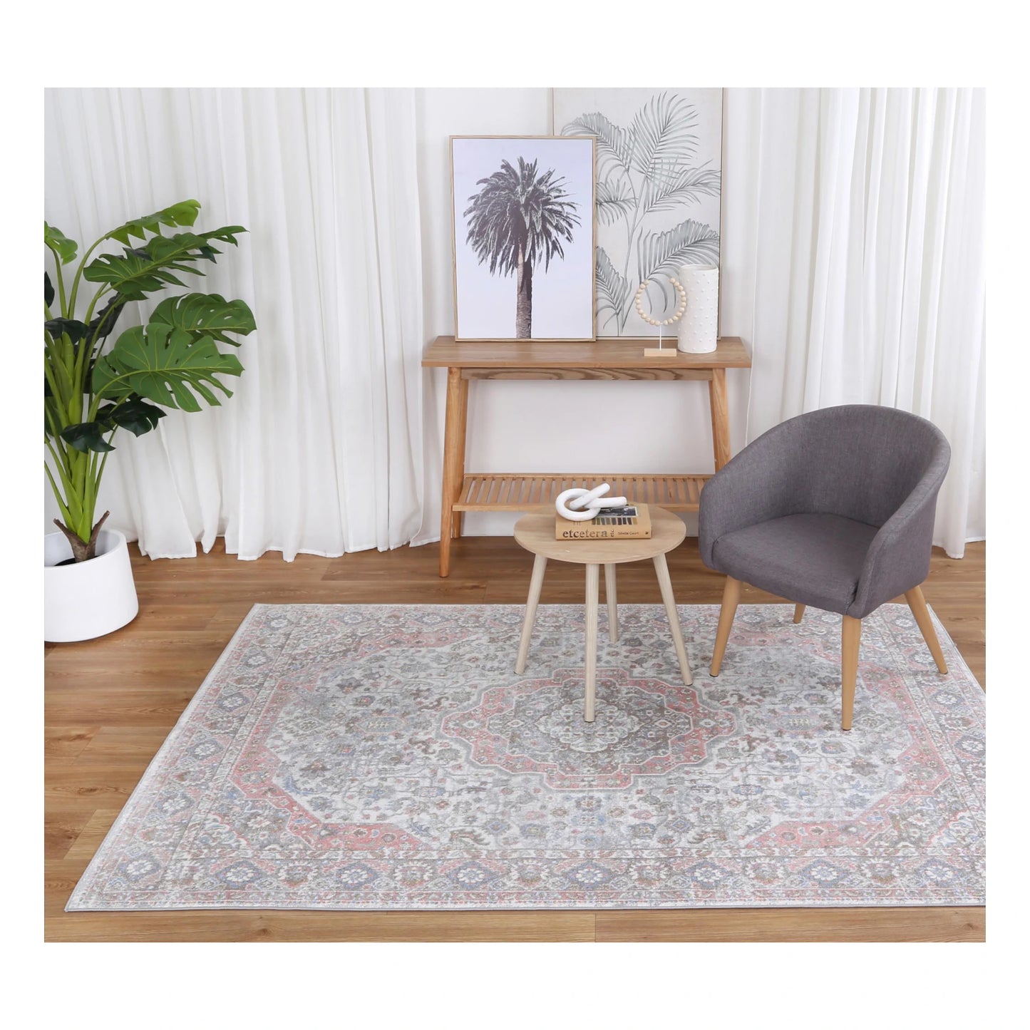 Styled room view of Oporto Bremen Blush & Blue Traditional Rug with soft medallion design and neutral lounge setting, 290 x 200 cm