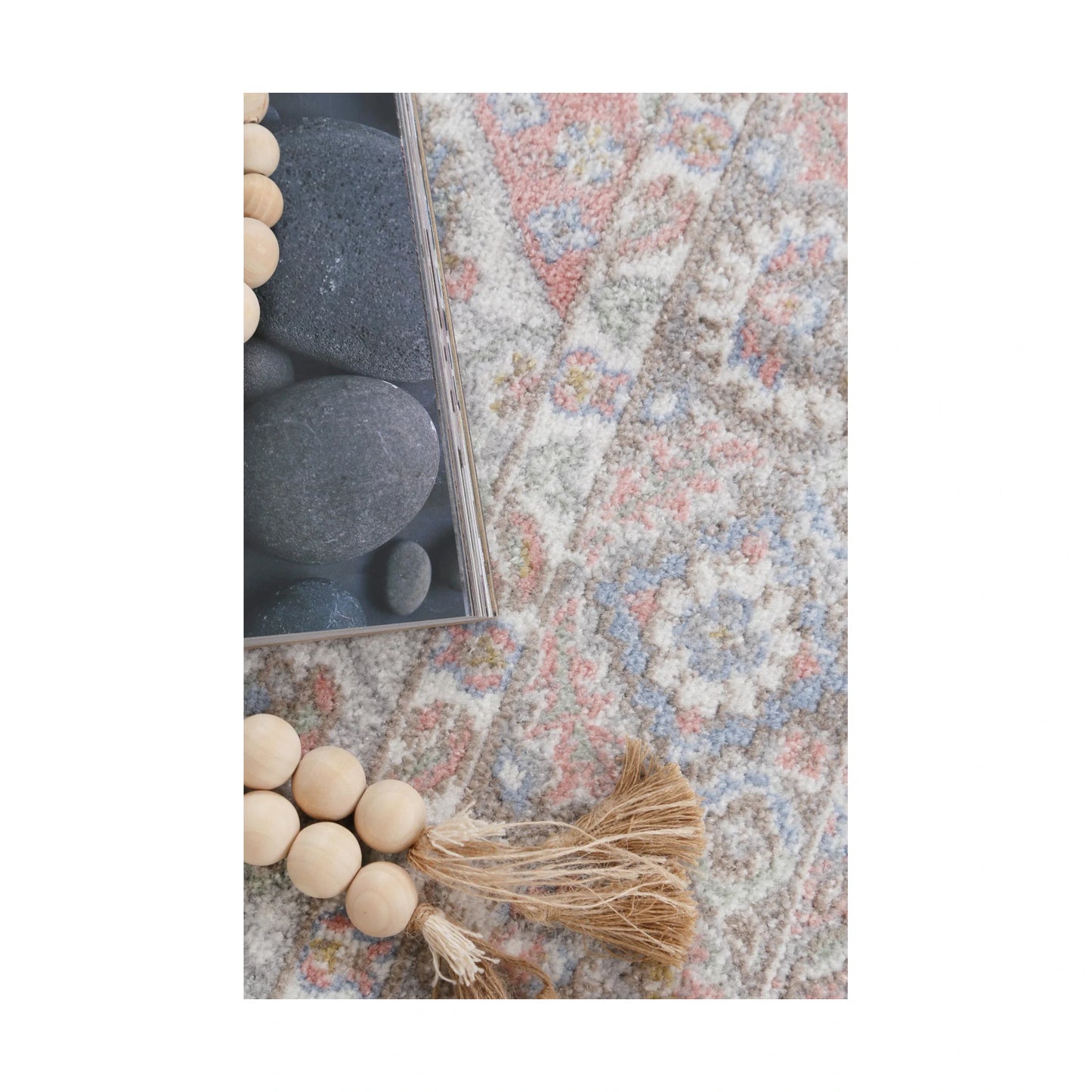 Texture and décor detail of Oporto Bremen Blush & Blue Traditional Rug with soft pile, blush-blue pattern and tassel styling, 290 x 200 cm