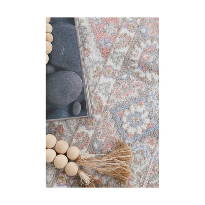 Texture and décor detail of Oporto Bremen Blush & Blue Traditional Rug with soft pile, blush-blue pattern and tassel styling, 290 x 200 cm