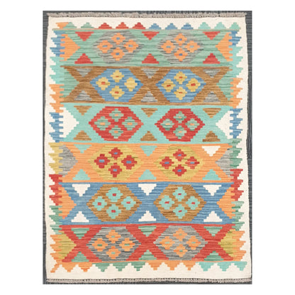 Full view of Afghan Chobi Kilim rug with pastel geometric panel bands on an ivory ground, 150 x 103 cm