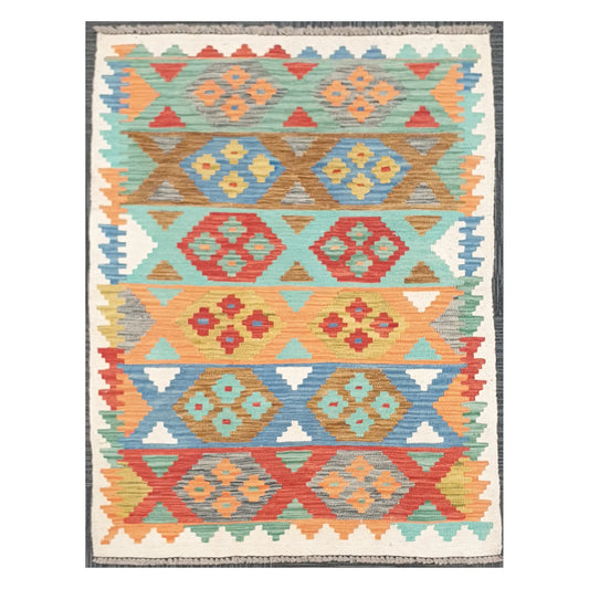 Full view of Afghan Chobi Kilim rug with pastel geometric panel bands on an ivory ground, 150 x 103 cm