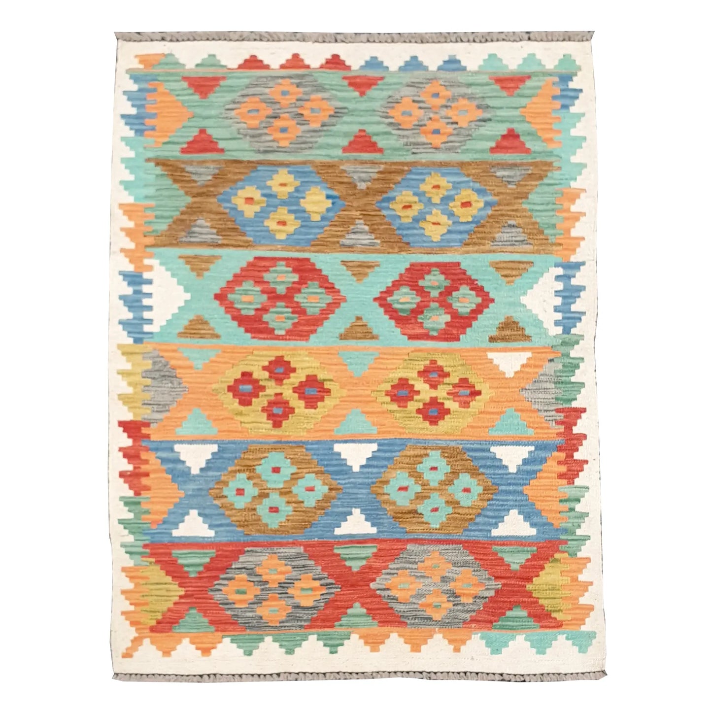 Full view of Afghan Chobi kilim with pastel geometric panel bands in aqua, blue, peach and terracotta, framed by an ivory border, 150 x 103 cm