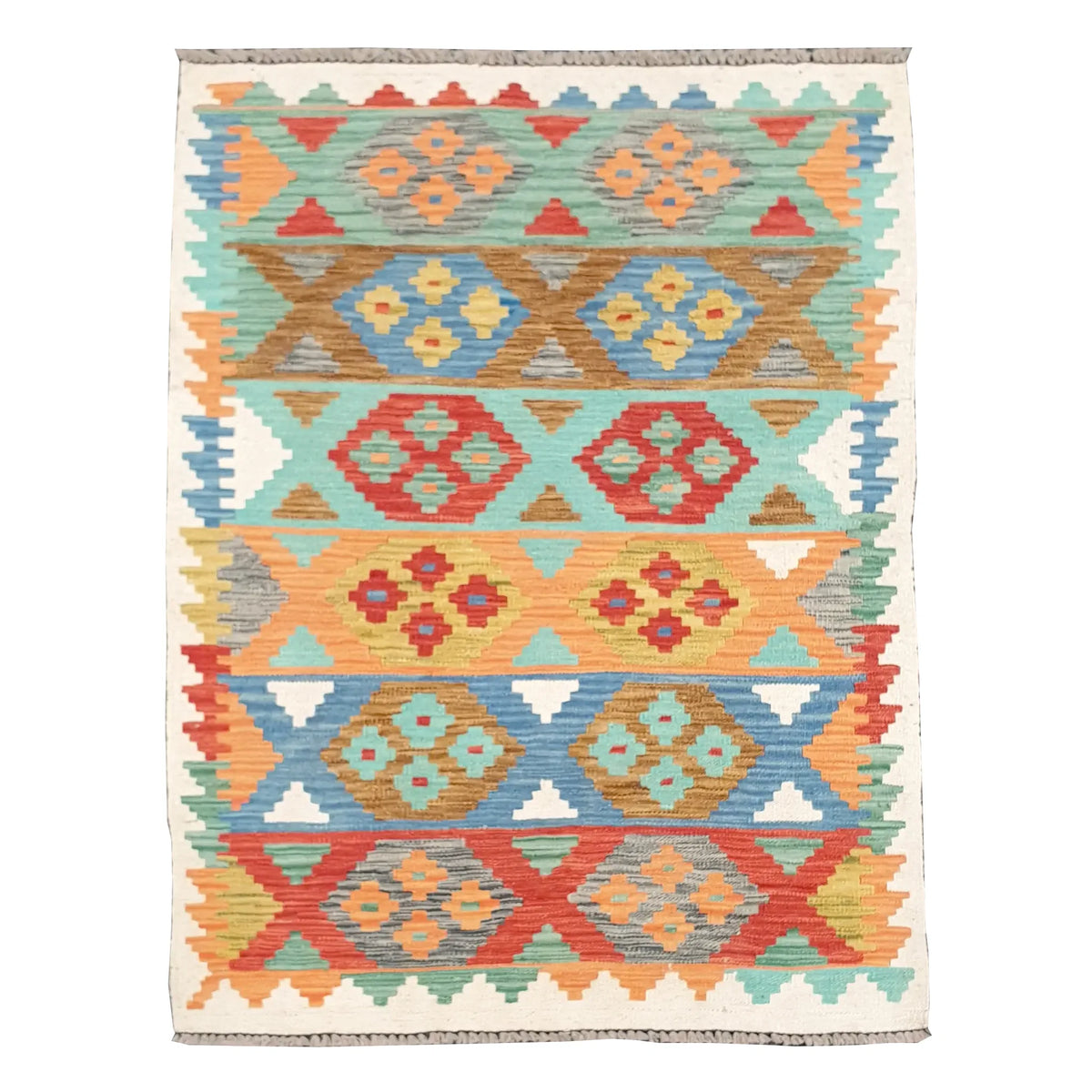 Full view of Afghan Chobi kilim with pastel geometric panel bands in aqua, blue, peach and terracotta, framed by an ivory border, 150 x 103 cm