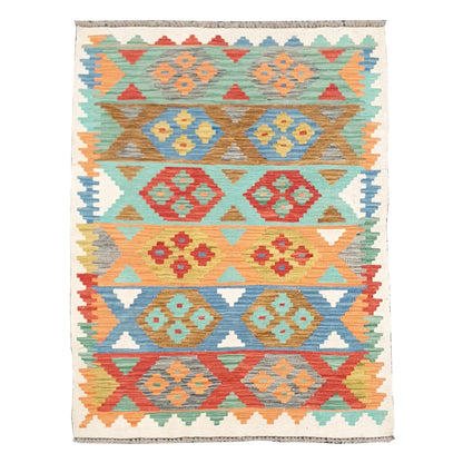 Full view of Afghan Chobi kilim with pastel geometric panel bands in aqua, blue, peach and terracotta, framed by an ivory border, 150 x 103 cm