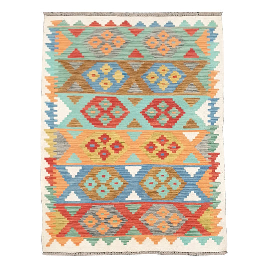 Full view of Afghan Chobi kilim with pastel geometric panel bands in aqua, blue, peach and terracotta, framed by an ivory border, 150 x 103 cm