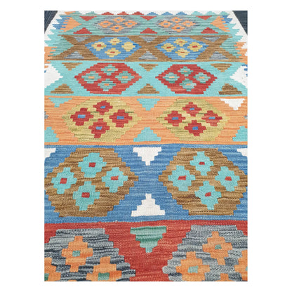Close-up of Chobi Kilim rug with pastel geometric bands, rosette motifs, and tribal detailing, 150 x 103 cm