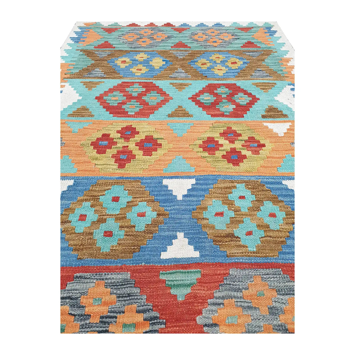 Close-up of Afghan Chobi kilim showing paired stepped medallions across aqua, blue, peach and terracotta bands