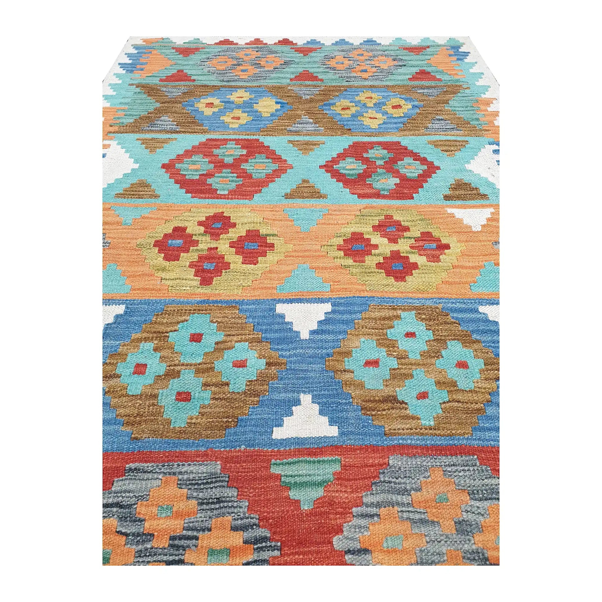 Close-up of Afghan Chobi kilim showing paired stepped medallions across aqua, blue, peach and terracotta bands