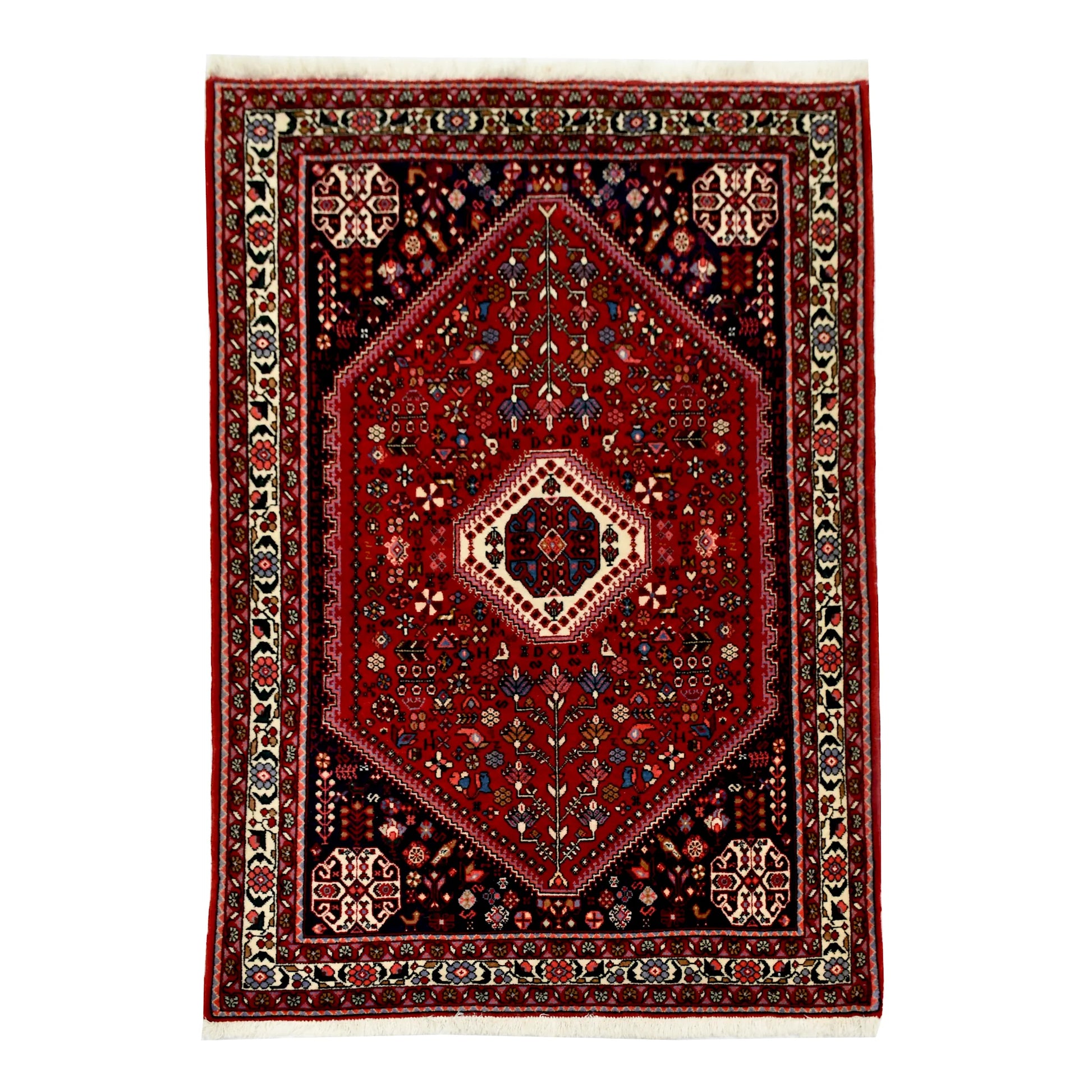 Straightened full view of Persian Abadeh hand-knotted wool rug with red field, bold central medallion and navy corner sections, 150 x 108 cm